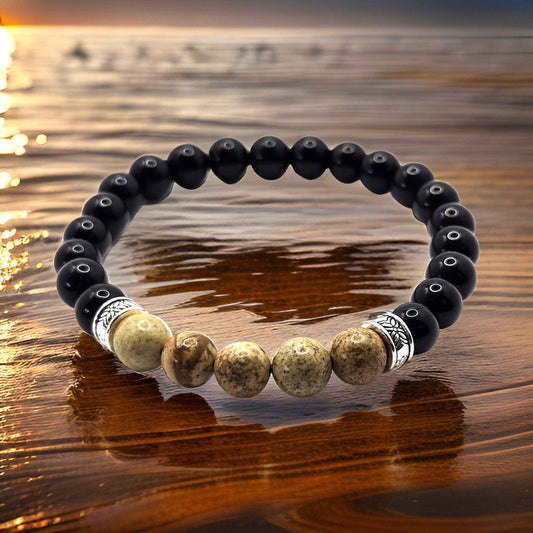 Men's Boho elastic beaded bracelet - Black and natural wood effect colours