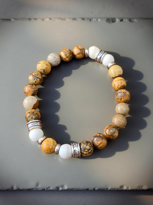 Men's Wooden Effect Beaded Bracelet - Natural Coloured Elastic Beaded Bracelet