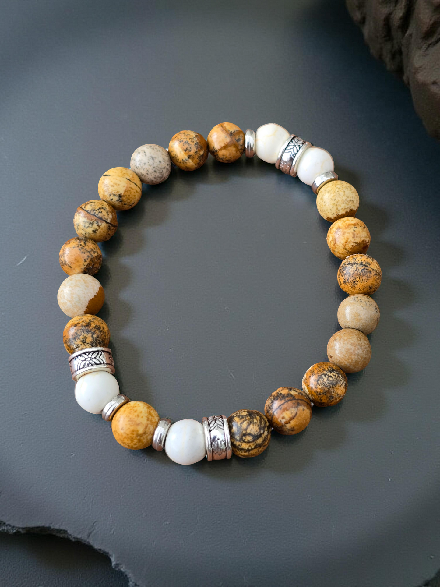 Men's Wooden Effect Beaded Bracelet - Natural Coloured Elastic Beaded Bracelet