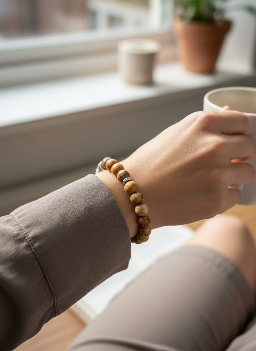 Men's Wooden Effect Beaded Bracelet - Natural Coloured Elastic Beaded Bracelet