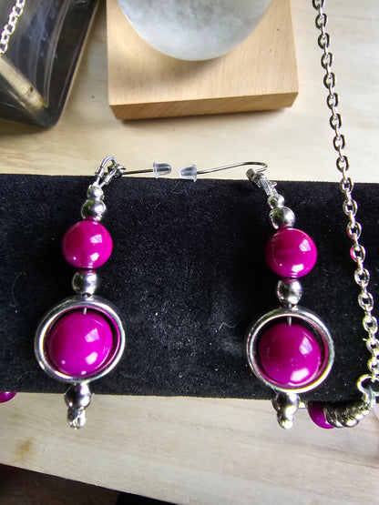 Silver Ringed Beaded Jewellery Set - Matching Necklace, Bracelet and Earrings bundle