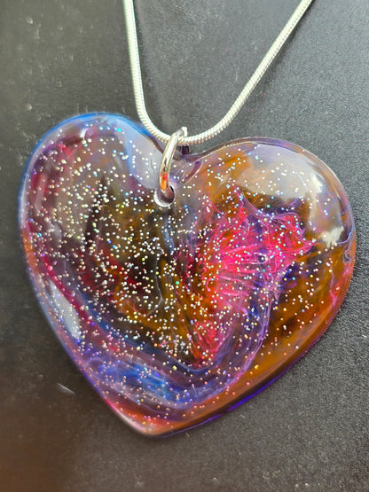 Cosmic Heart Shaped Resin Necklace - Stary effect heart pendant with 45cm snake chain