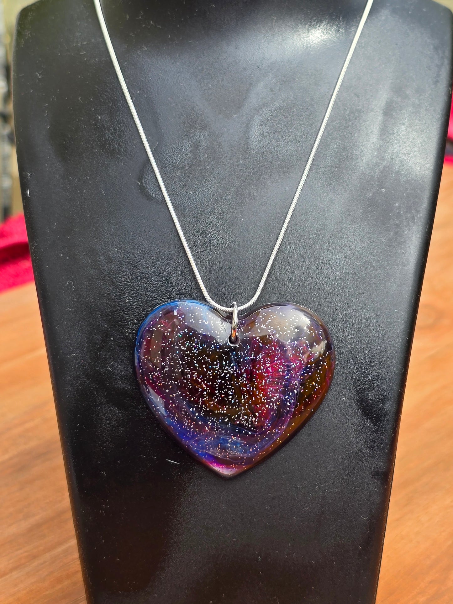 Cosmic Heart Shaped Resin Necklace - Stary effect heart pendant with 45cm snake chain