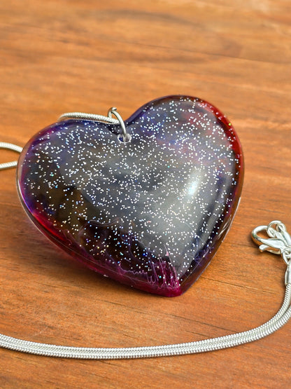 Cosmic Heart Shaped Resin Necklace - Stary effect heart pendant with 45cm snake chain