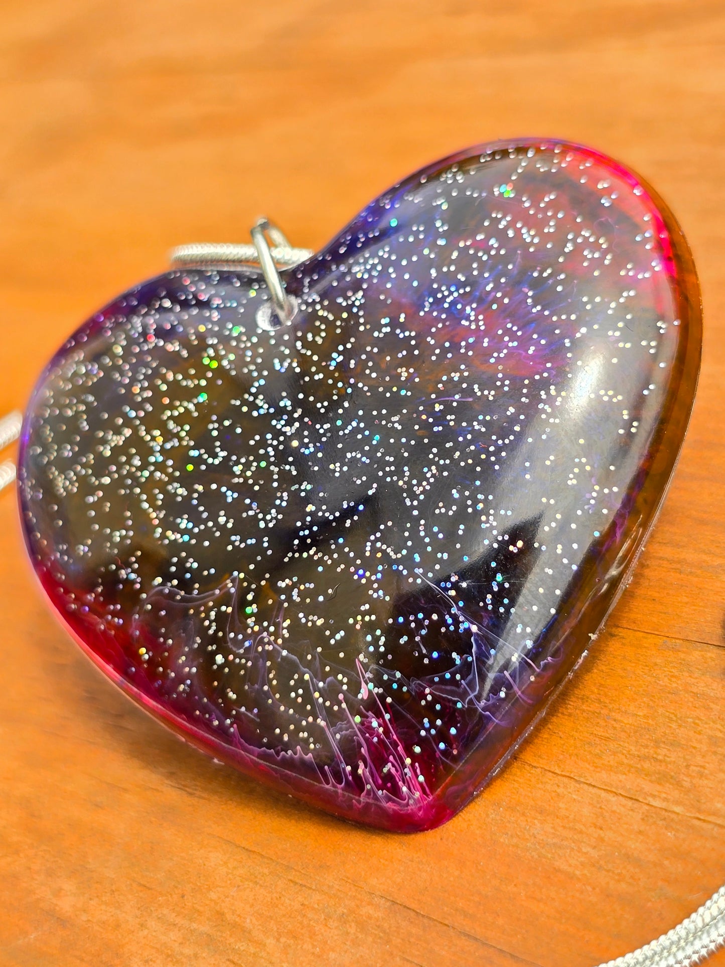 Cosmic Heart Shaped Resin Necklace - Stary effect heart pendant with 45cm snake chain