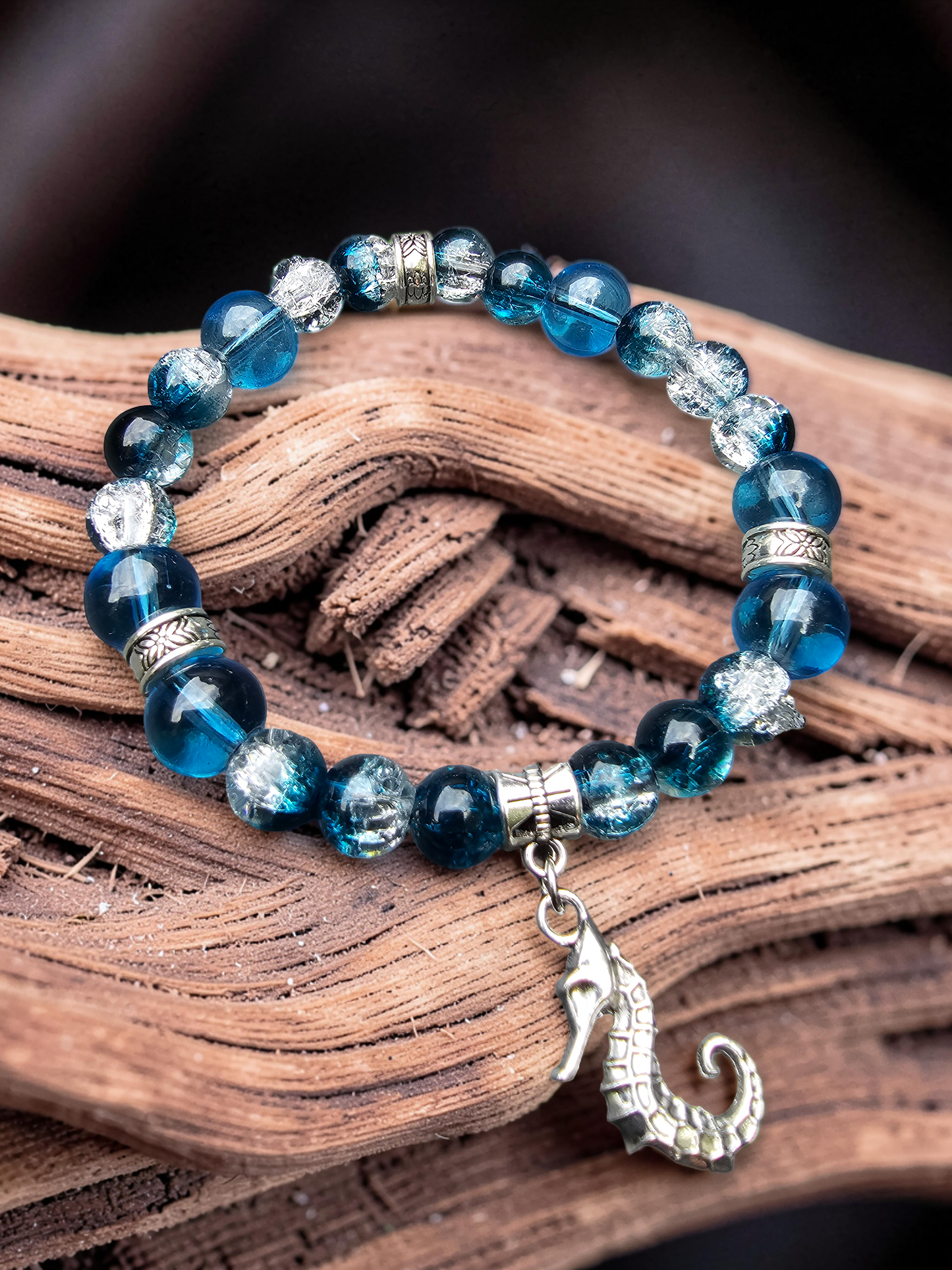 Seahorse Charm Bracelet - Crackled Blue Glass Beaded Elasticated Band