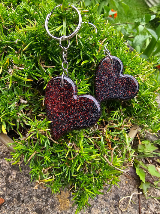 Heart Shaped Red & Black Resin Glitter Keyrings - Set of 2 keychains / Bag Charms