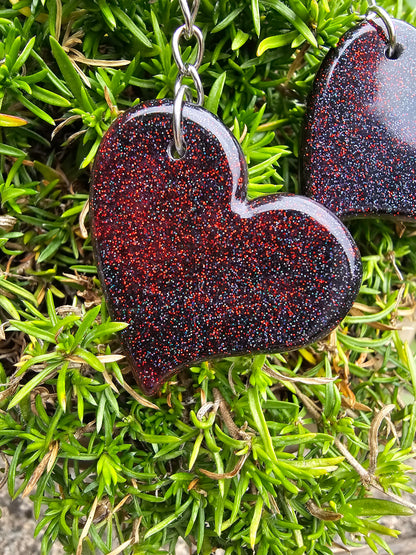 Heart Shaped Red & Black Resin Glitter Keyrings - Set of 2 keychains / Bag Charms