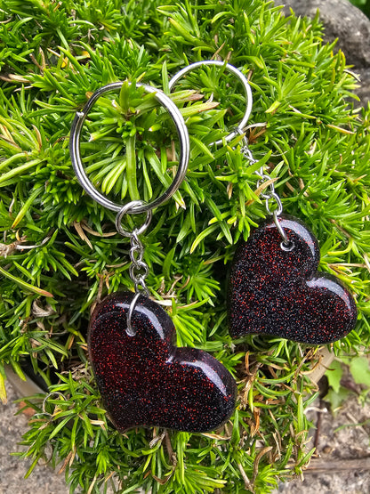 Heart Shaped Red & Black Resin Glitter Keyrings - Set of 2 keychains / Bag Charms