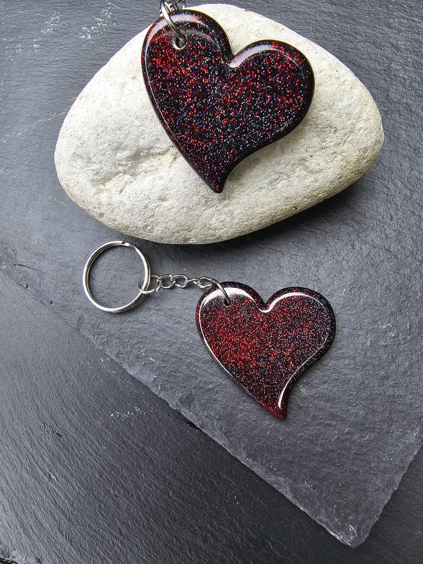 Heart Shaped Red & Black Resin Glitter Keyrings - Set of 2 keychains / Bag Charms