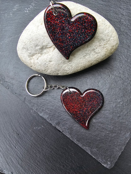 Heart Shaped Red & Black Resin Glitter Keyrings - Set of 2 keychains / Bag Charms