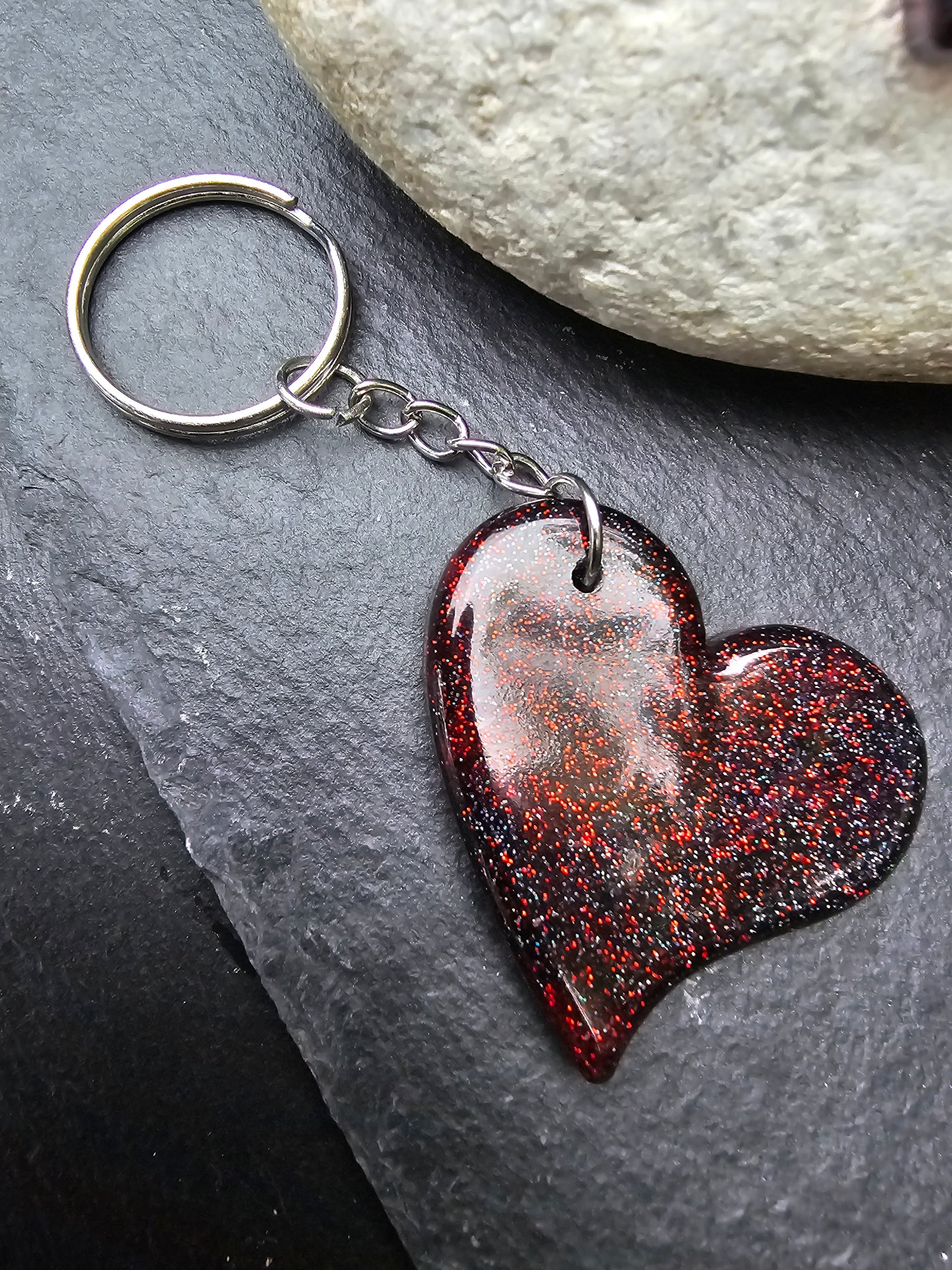 Heart Shaped Red & Black Resin Glitter Keyrings - Set of 2 keychains / Bag Charms