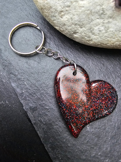 Heart Shaped Red & Black Resin Glitter Keyrings - Set of 2 keychains / Bag Charms