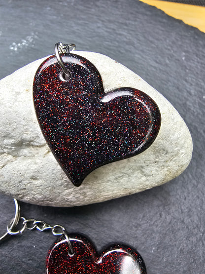 Heart Shaped Red & Black Resin Glitter Keyrings - Set of 2 keychains / Bag Charms