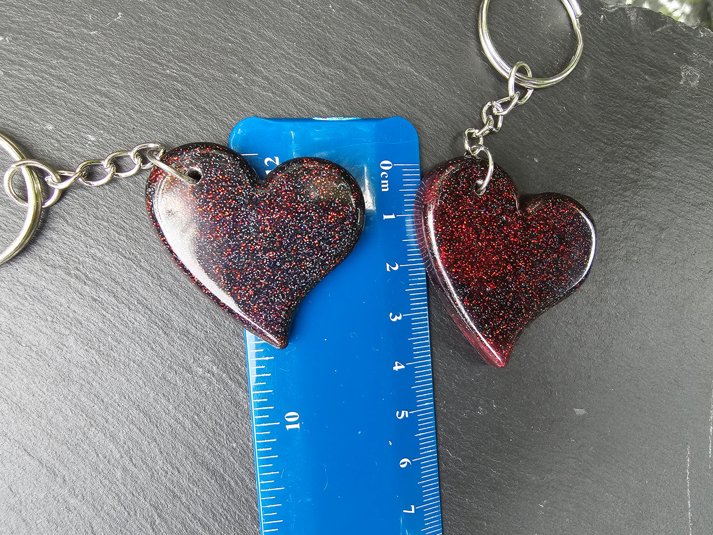 Heart Shaped Red & Black Resin Glitter Keyrings - Set of 2 keychains / Bag Charms