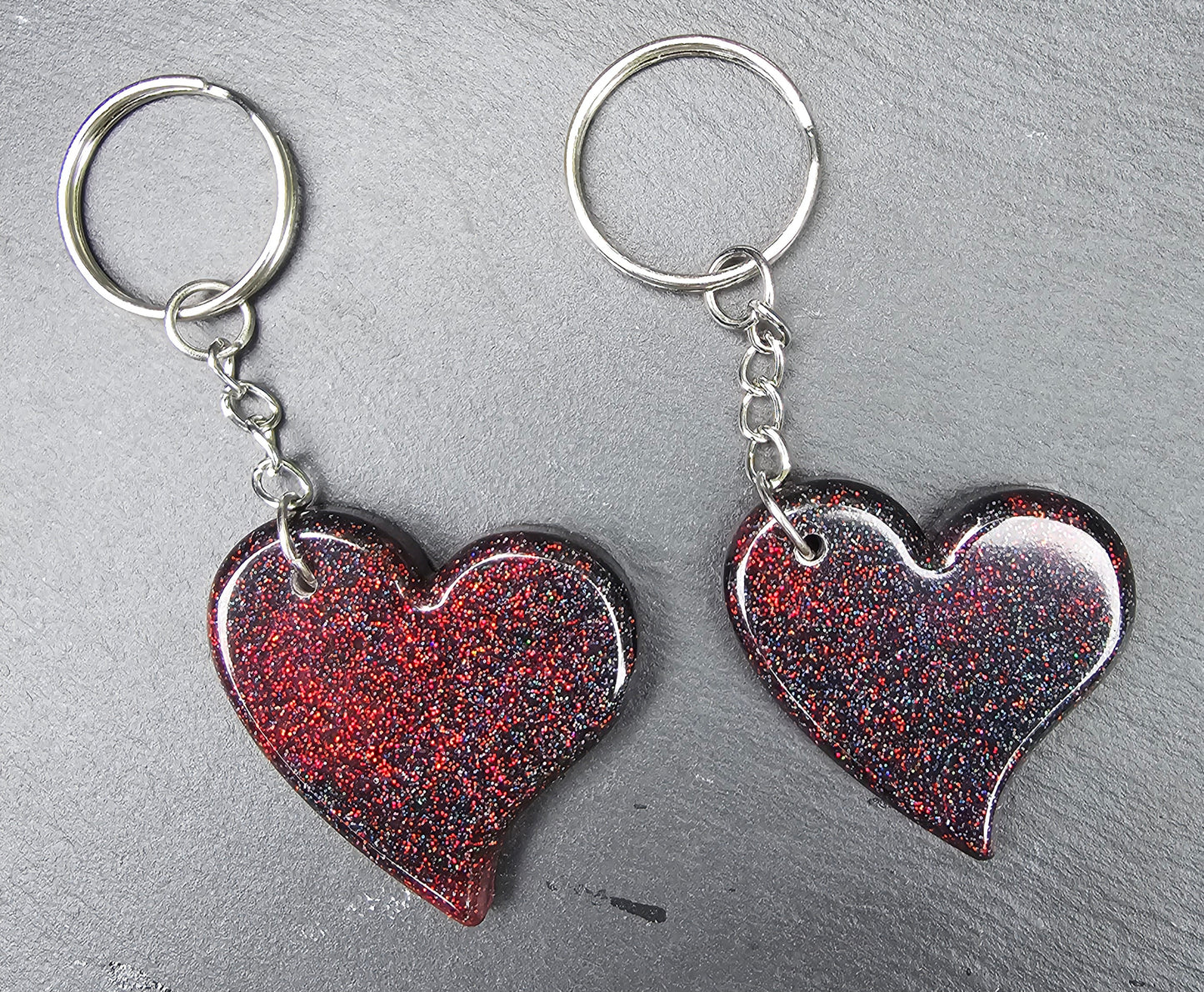 Heart Shaped Red & Black Resin Glitter Keyrings - Set of 2 keychains / Bag Charms