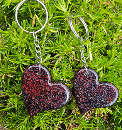 Heart Shaped Red & Black Resin Glitter Keyrings - Set of 2 keychains / Bag Charms