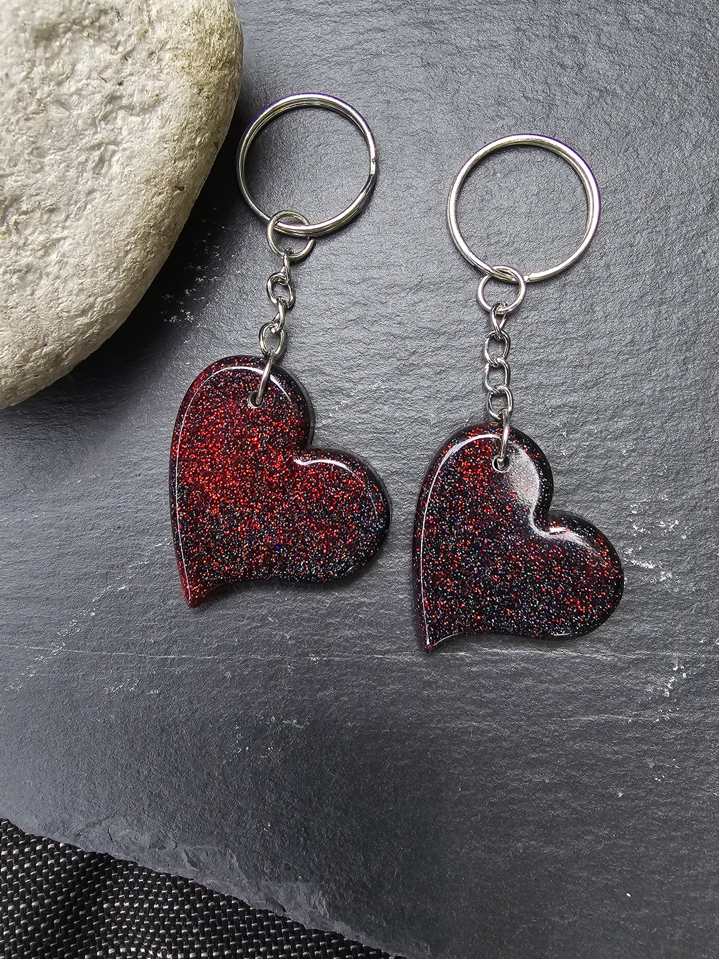 Heart Shaped Red & Black Resin Glitter Keyrings - Set of 2 keychains / Bag Charms