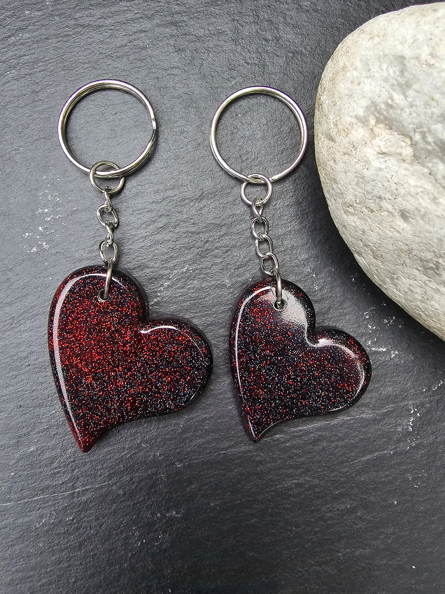 Heart Shaped Red & Black Resin Glitter Keyrings - Set of 2 keychains / Bag Charms