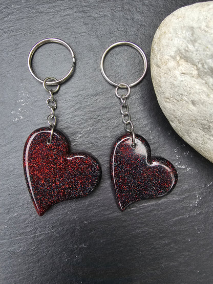 Heart Shaped Red & Black Resin Glitter Keyrings - Set of 2 keychains / Bag Charms