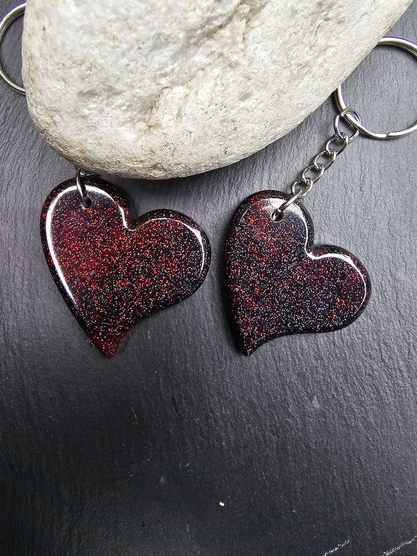 Heart Shaped Red & Black Resin Glitter Keyrings - Set of 2 keychains / Bag Charms