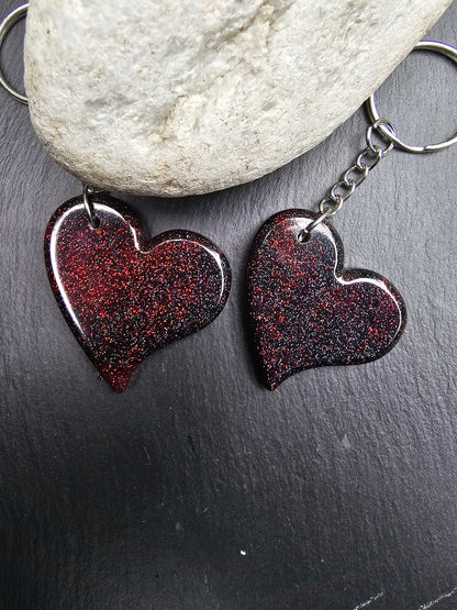 Heart Shaped Red & Black Resin Glitter Keyrings - Set of 2 keychains / Bag Charms