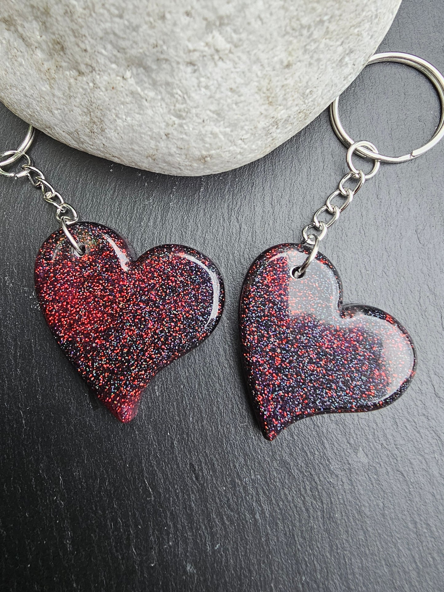 Heart Shaped Red & Black Resin Glitter Keyrings - Set of 2 keychains / Bag Charms