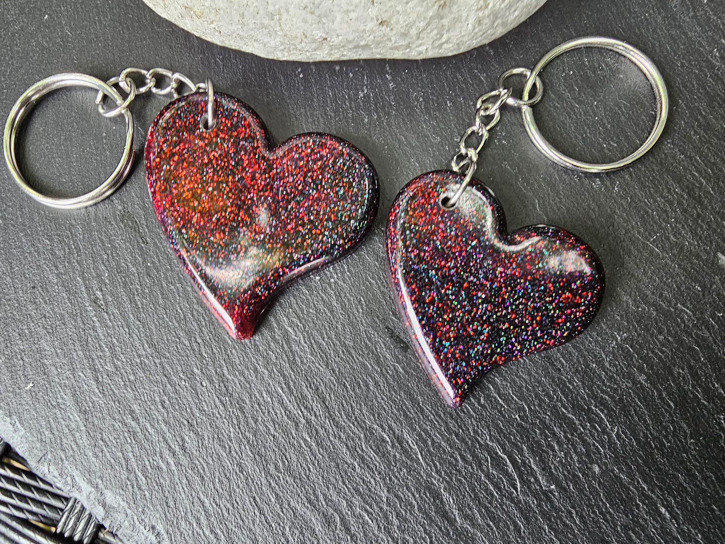 Heart Shaped Red & Black Resin Glitter Keyrings - Set of 2 keychains / Bag Charms