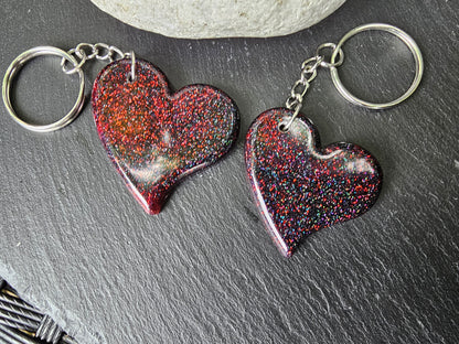 Heart Shaped Red & Black Resin Glitter Keyrings - Set of 2 keychains / Bag Charms