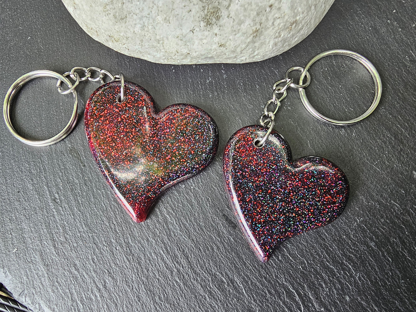 Heart Shaped Red & Black Resin Glitter Keyrings - Set of 2 keychains / Bag Charms