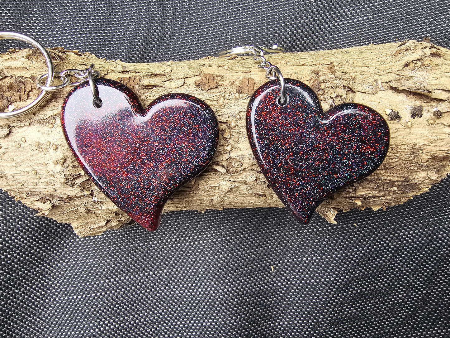 Heart Shaped Red & Black Resin Glitter Keyrings - Set of 2 keychains / Bag Charms