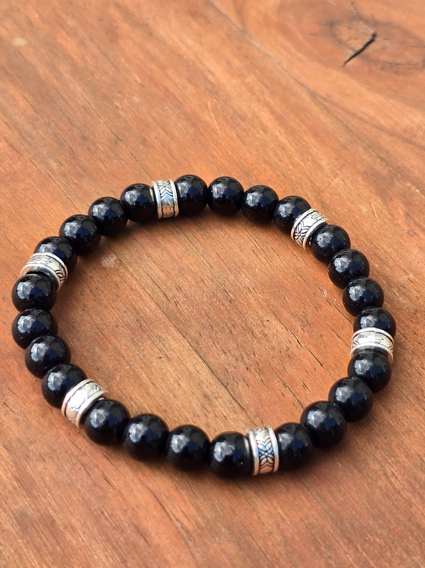 Mens black gloss beaded bracelet - Black stone beads with silver accents