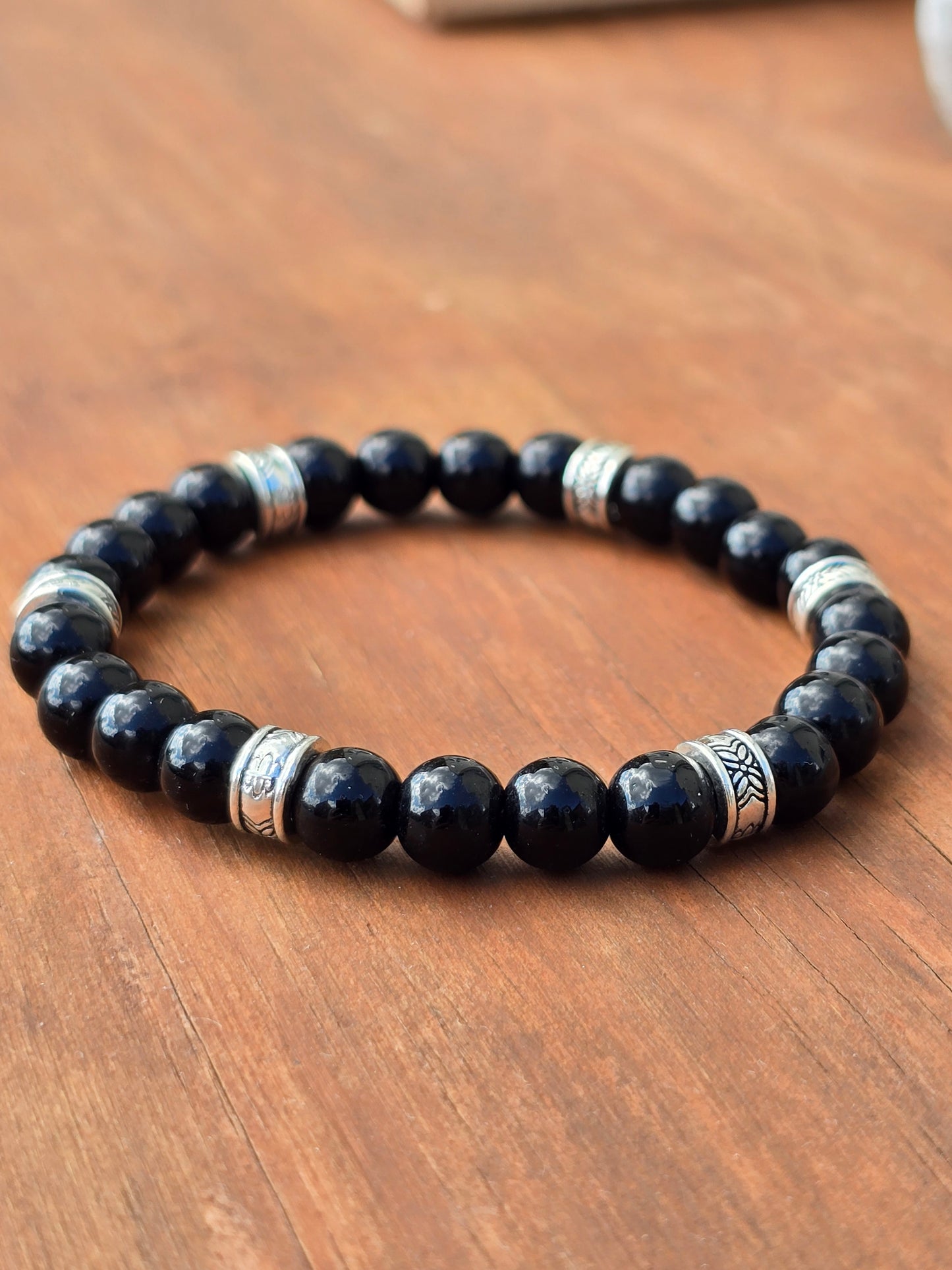 Mens black gloss beaded bracelet - Black stone beads with silver accents