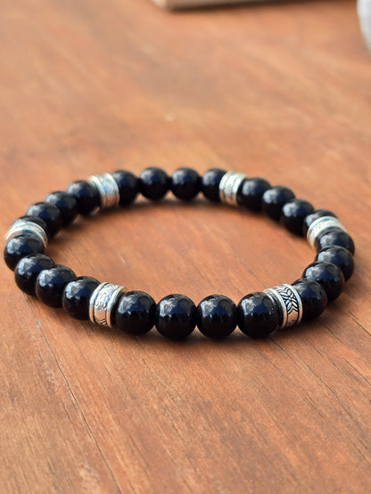Mens black gloss beaded bracelet - Black stone beads with silver accents