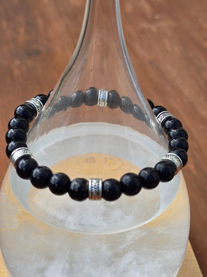 Mens black gloss beaded bracelet - Black stone beads with silver accents
