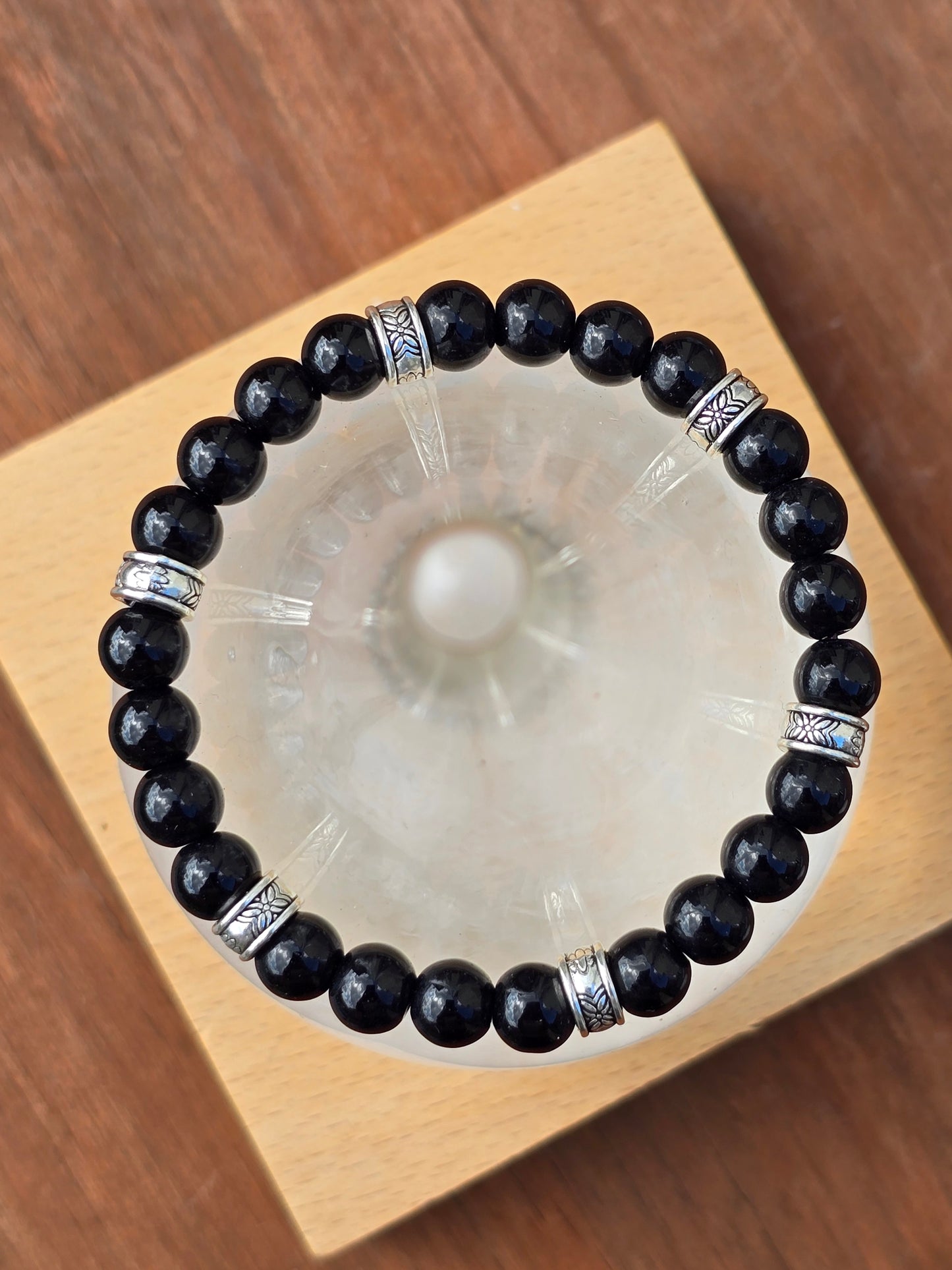 Mens black gloss beaded bracelet - Black stone beads with silver accents