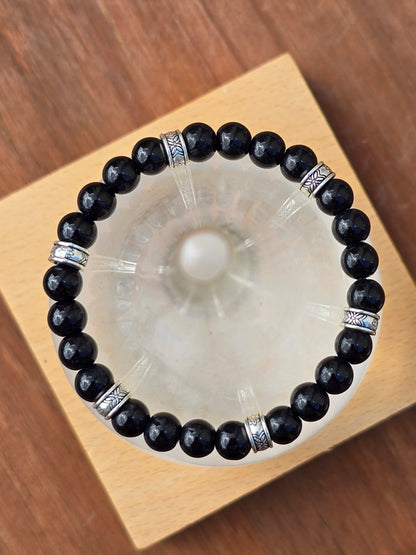 Mens black gloss beaded bracelet - Black stone beads with silver accents