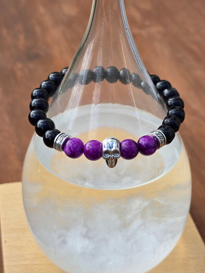 Mens purple beaded skull bracelet - Elastic fit 7" bracelet