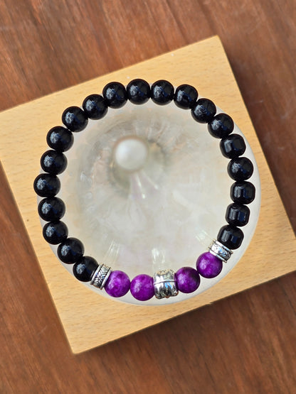Mens purple beaded skull bracelet - Elastic fit 7" bracelet