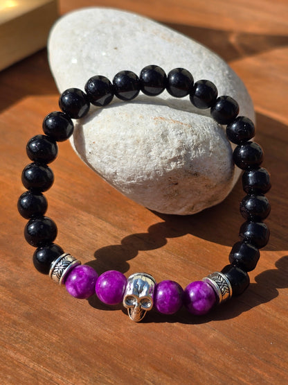 Mens purple beaded skull bracelet - Elastic fit 7" bracelet