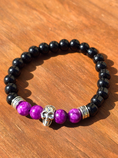 Mens purple beaded skull bracelet - Elastic fit 7" bracelet
