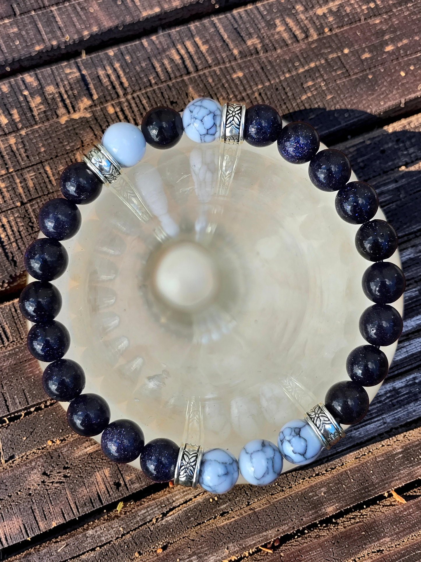 Midnight Blue Beaded Bracelet - Handmade Blue and White Marble Effect Beaded elasticated Band