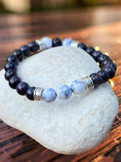 Midnight Blue Beaded Bracelet - Handmade Blue and White Marble Effect Beaded elasticated Band
