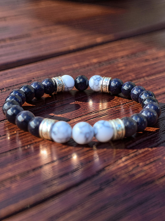 Midnight Blue Beaded Bracelet - Handmade Blue and White Marble Effect Beaded elasticated Band