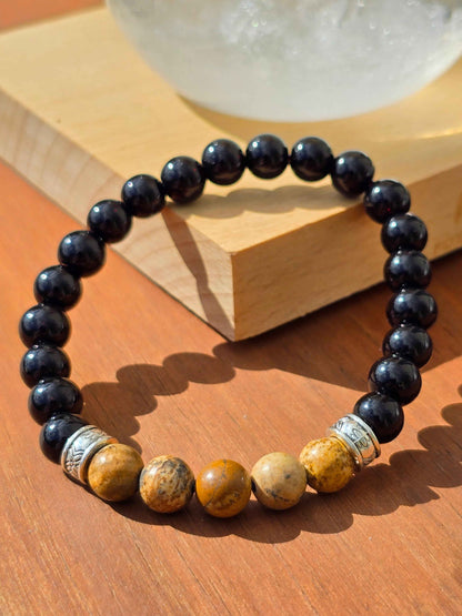 Men's Boho elastic beaded bracelet - Black and natural wood effect colours