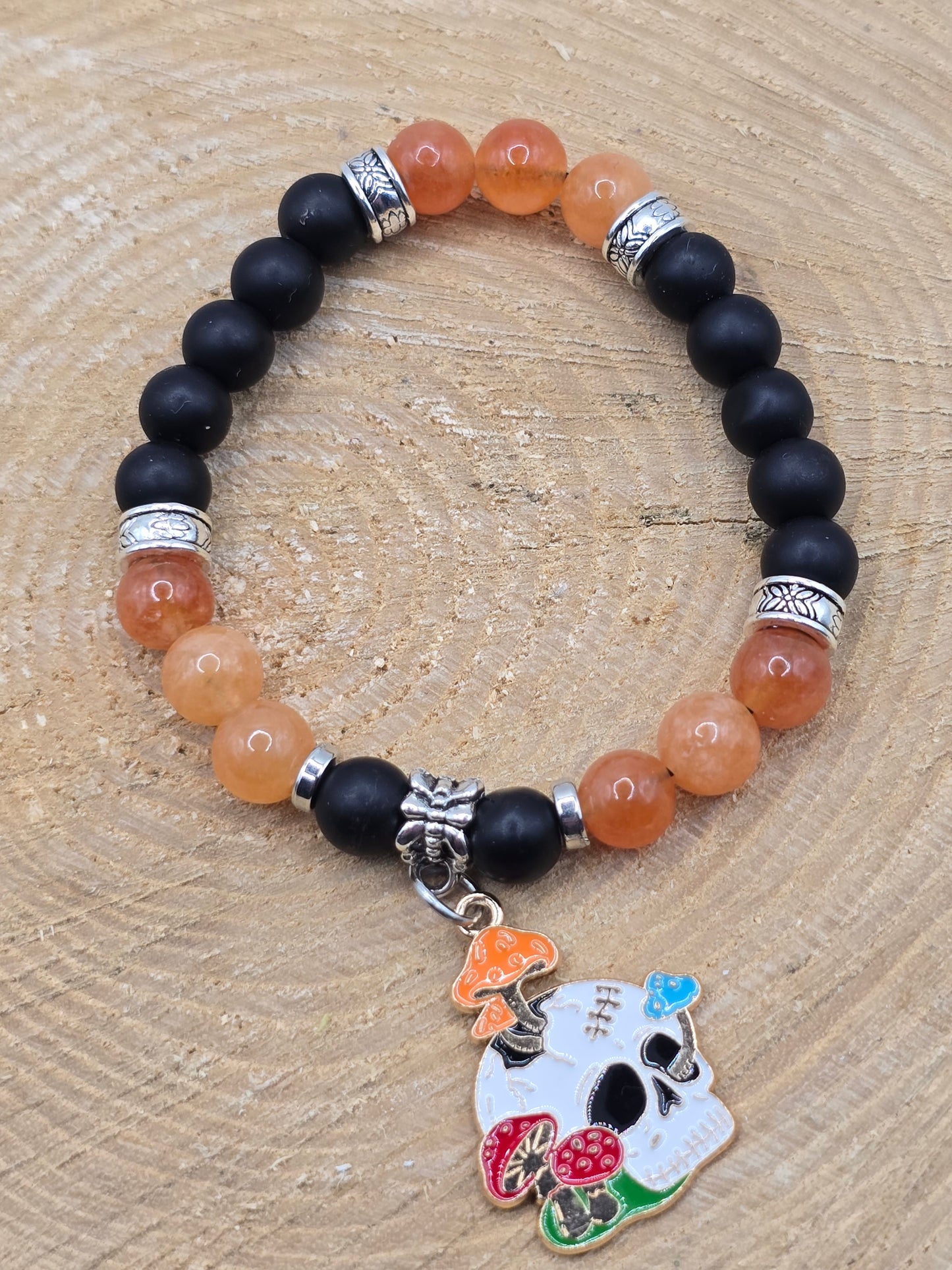 Beaded Skull Bracelet - Halloween elastic stretch bracelet to fit most wrist sizes