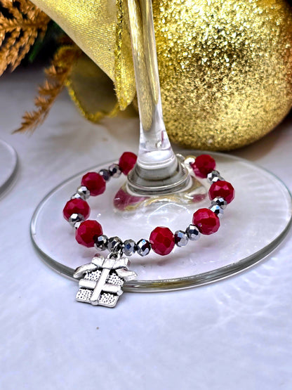 Christmas Wine Glass Charms 4 Pack - Xmas Tree, Stocking, Gift, Snowflake