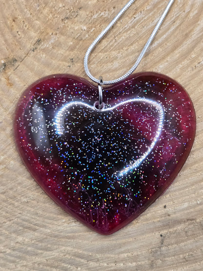 Cosmic Heart Shaped Resin Necklace - Stary effect heart pendant with 45cm snake chain