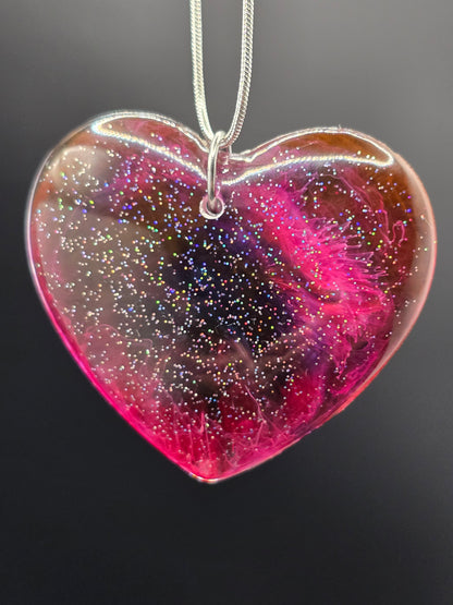 Cosmic Heart Shaped Resin Necklace - Stary effect heart pendant with 45cm snake chain