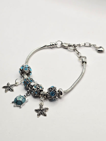 Ocean Themed Charm Bracelet - Sea Turtle and Starfish charms